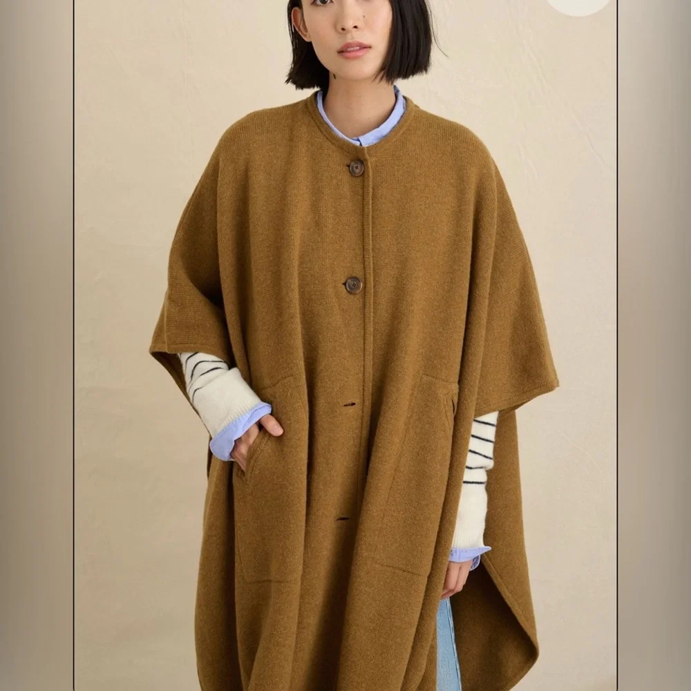 NWT Alex Mill 100% Wool Beatrice Sweater Cape Camel/Brown Pockets - Picture 3 of 9